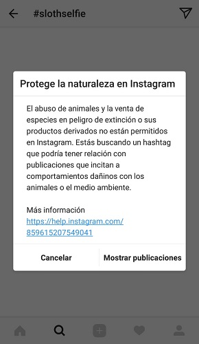 Aviso de Instagram al buscar un hashtag dañino para los animales