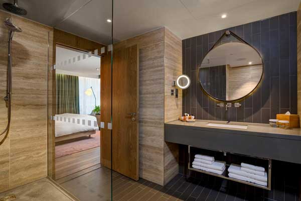 Baño con material vegetal en la suite vegana del Hilton